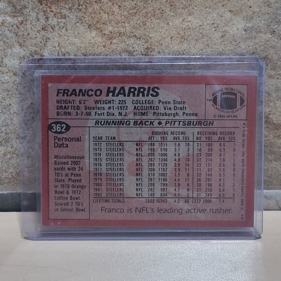 Laminated 1983 Topps Franco Harris Football Trading Card Number 362 Pittsburgh S - Picture 2 of 7